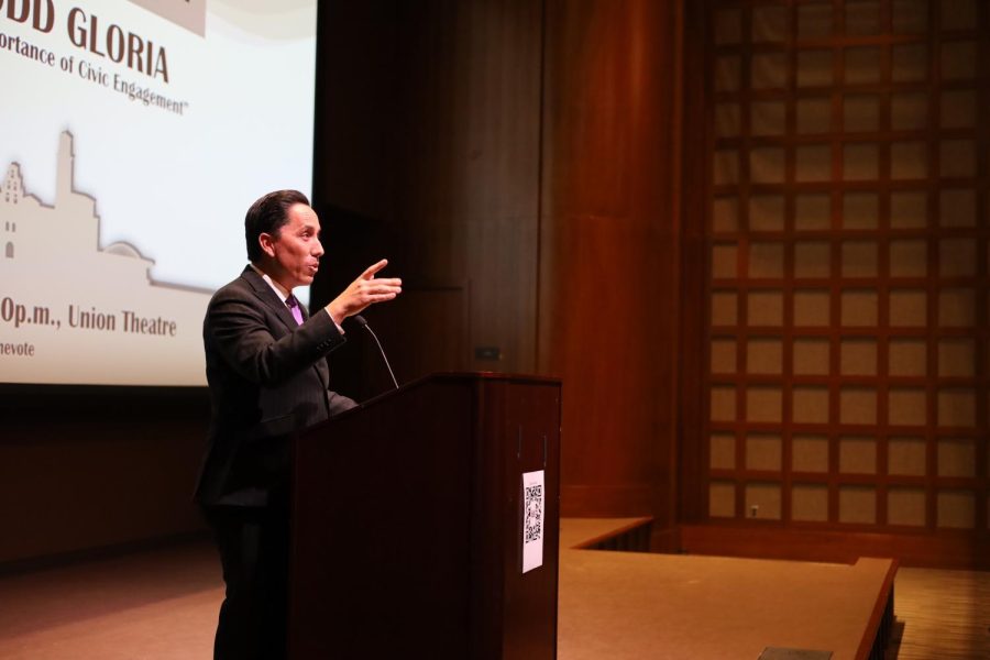 San Diego Mayor Todd Gloria speaks at San Diego State University Union Theatre.