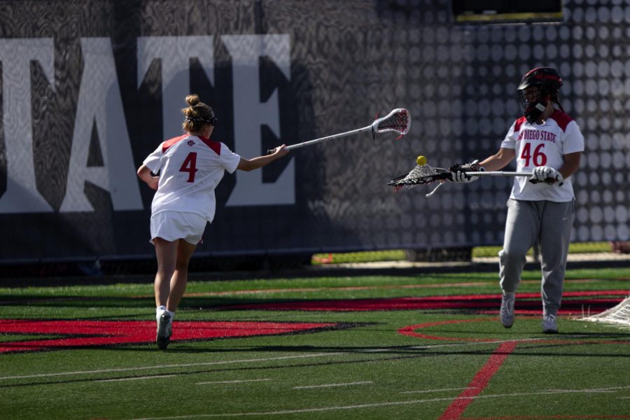 Senior goalkeeper Sam Horan passes the ball senior to midfielder Katelyn Murphy during an exhibition against Claremont on Feb. 4, 2023. 