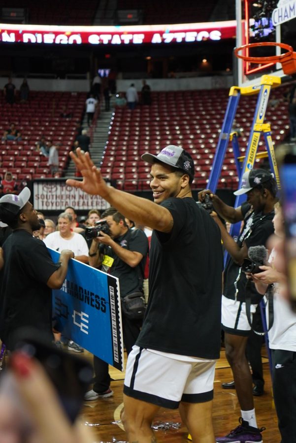 Matt Bradley celebrates following SDSU's Mountain West Title win on Saturday, March 11.
