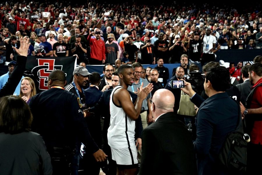 Senior Lamont Butler celebrates following SDSU's 72-71 win over FAU in the Final Four on Saturday, April 1.