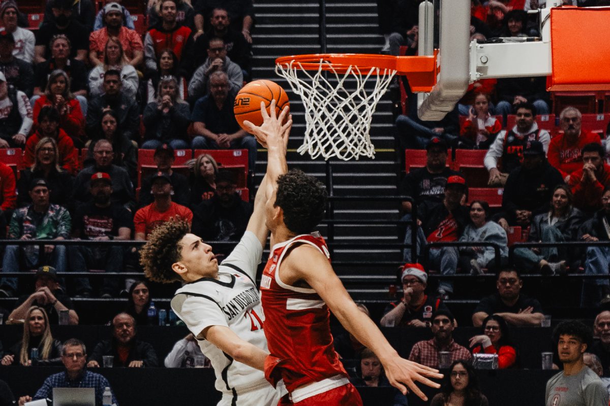 San Diego State guard Miles Byrd attacks the rim earlier this season at Viejas Arena. The sophomore from Stockton, California, had a career-high 13 points in SDSU's 88-70 loss at New Mexico on Saturday, Jan. 13.