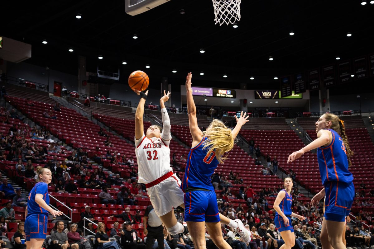 San Diego State forward Adryana Quezada takes a fall away shot against Boise State earlier this season at Viejas Arena. The Aztecs knocked off the Broncos on Tuesday, March 12 to advance to the Mountain West Championships Final for the first time since 2013.