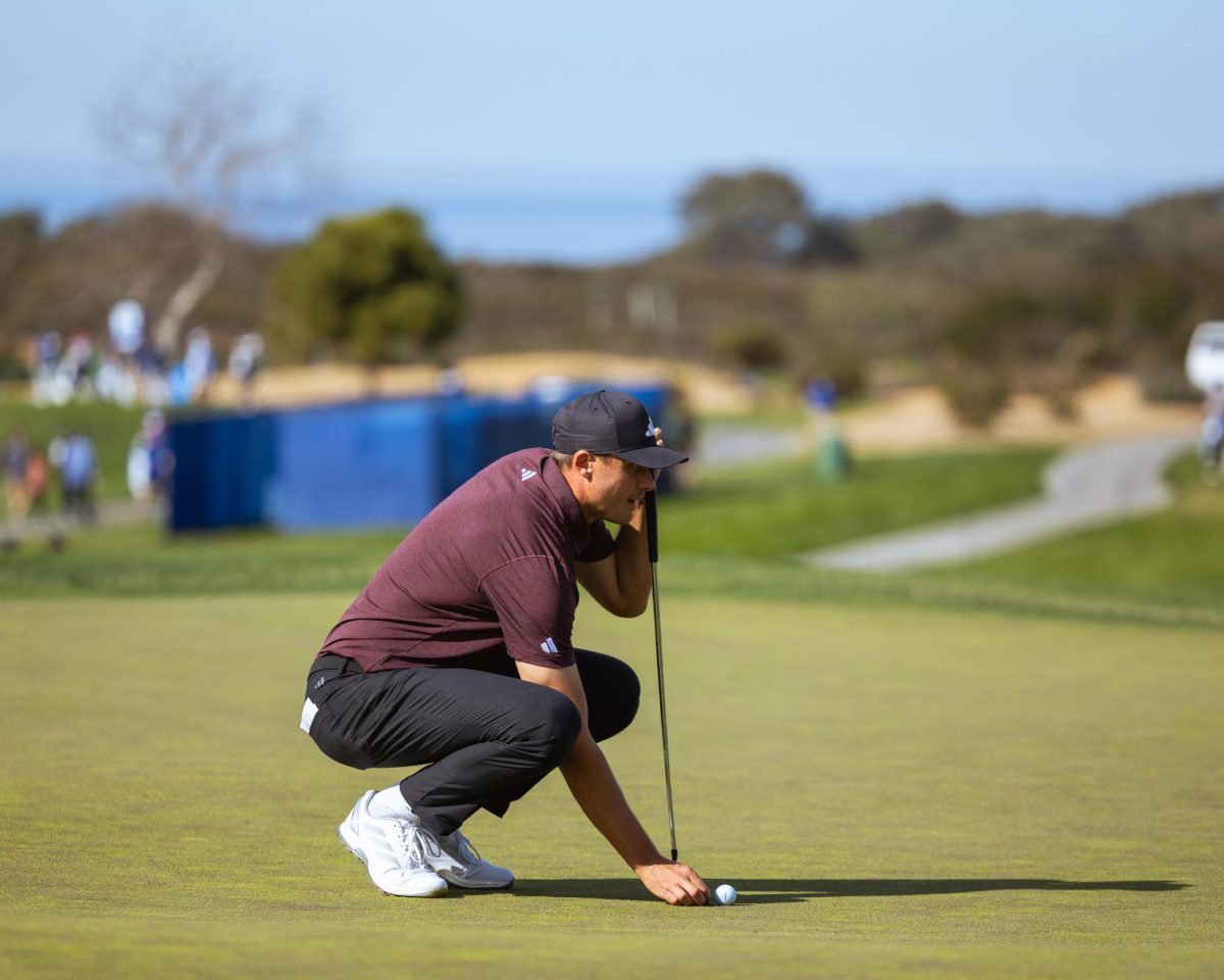 World No. 6 Ludvig Åberg lines up his putt during round 1 of the Farmers Insurance Open on Wednesday January 22, 2024. He would go on to shoot 9 under during round 1.