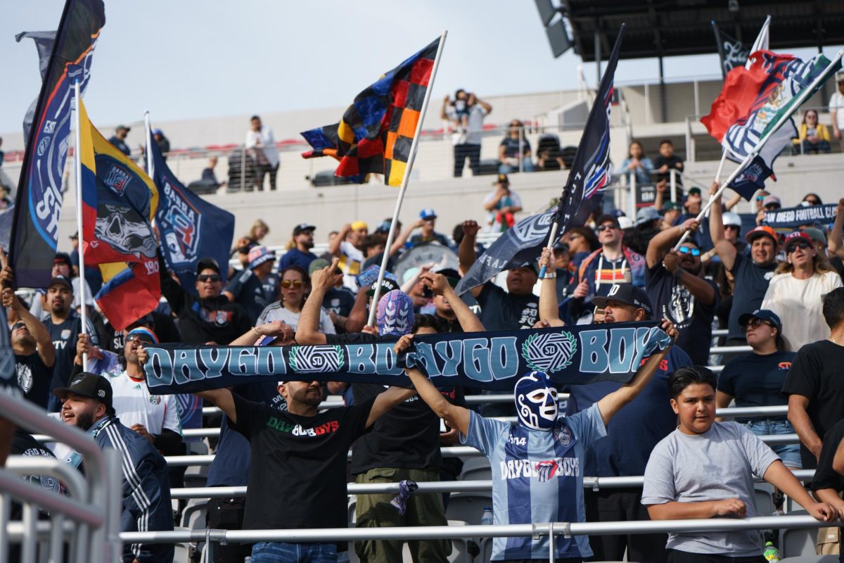 The San Diego FC Barra practices their chants at the San Diego FC kickoff party at Snapdragon Stadium on Feb. 16. 