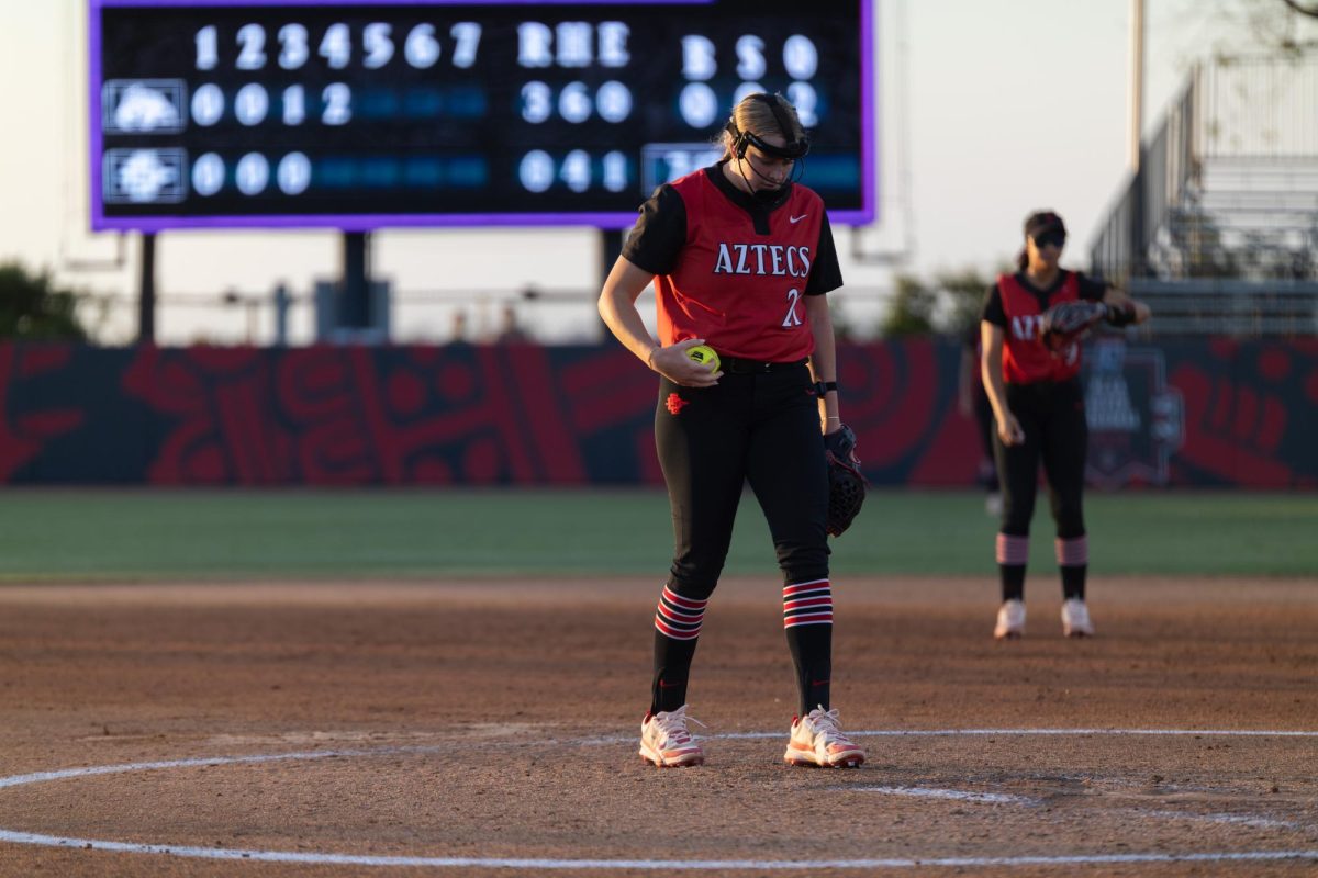 San Diego State relief pitcher Cece Cellura (21) gets the final out of the two-run fourth during game 4 of the Mountain West Softball Championship on Thursday, May 8, 2025 at SDSU Softball Stadium, Calif.