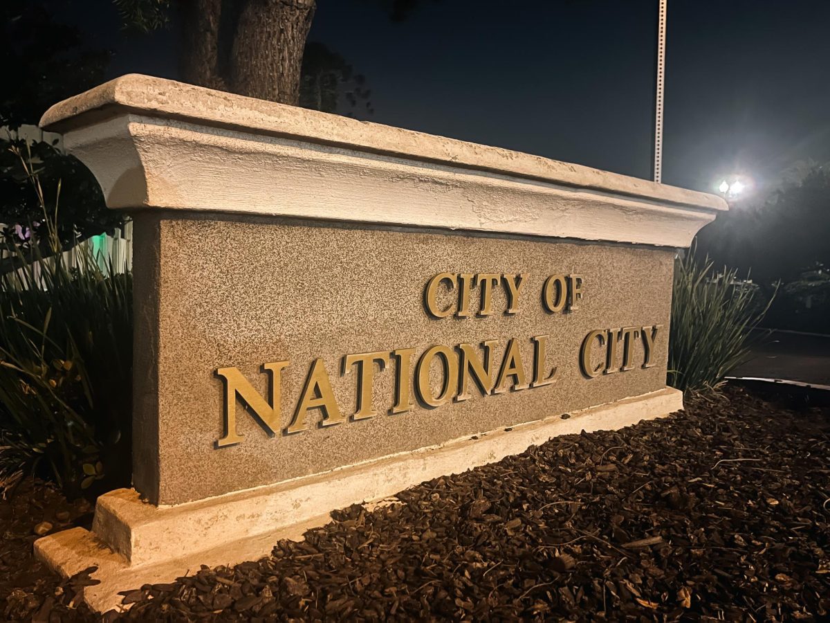Lights illuminate a sign in National City, where residents have raised concerns about transparency in local government, Wednesday, May 7, 2025. 