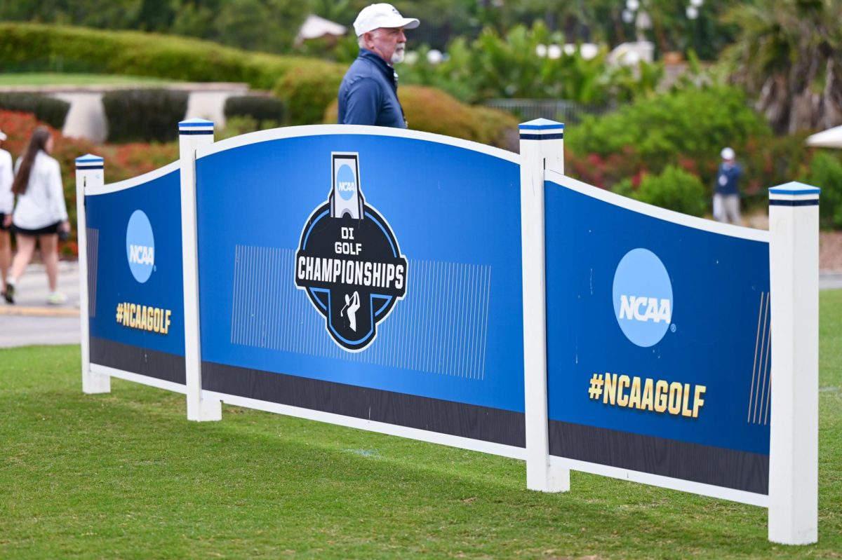 The NCAA Division I Golf Championships sign stands at the tee box at the Omni Resort Golf Course.